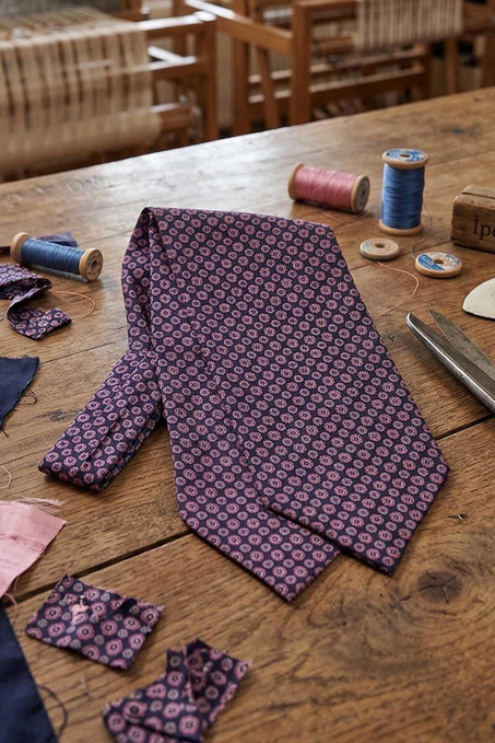 Puantiye Desen Lacivert - Pembe İtalyan İpek Ascot Kravat SAC37