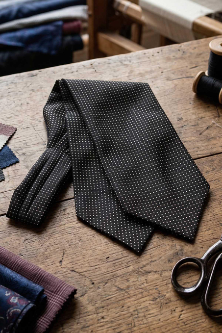 Puantiye Desen Siyah İtalyan İpek Ascot Kravat SAC51