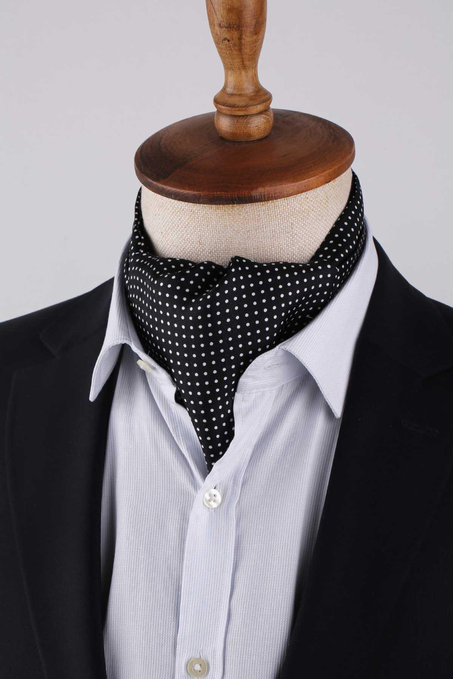Puantiye Desen Siyah İtalyan İpek Ascot Kravat SAC51