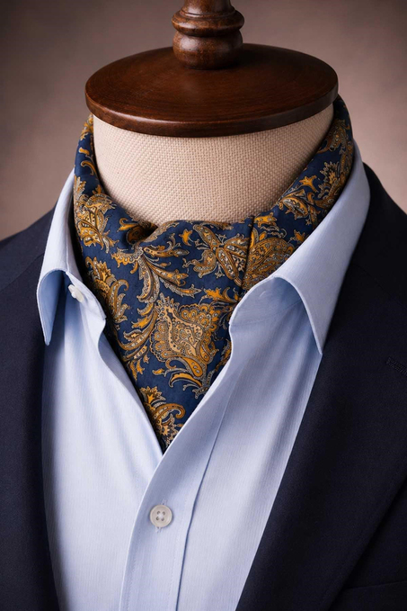 Safran Lacivert Şal Desen İtalyan İpek Ascot Kravat SAC137