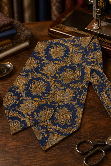 Safran Lacivert Şal Desen İtalyan İpek Ascot Kravat SAC137