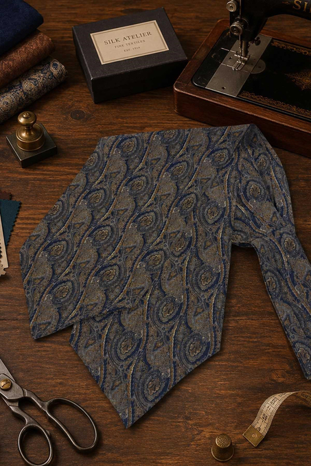 Safran Lacivert Şal Desen İtalyan İpek Ascot Kravat SAC113