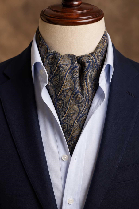 Safran Lacivert Şal Desen İtalyan İpek Ascot Kravat SAC113