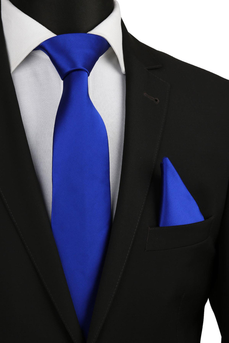 Saks Mavisi Mendilli Düz Saten Kravat 1603