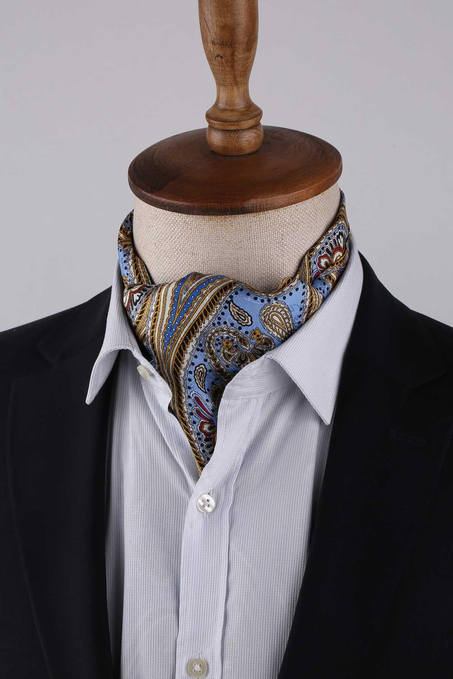 Şal Desen Açık Mavi İtalyan İpek Ascot Kravat SAC44