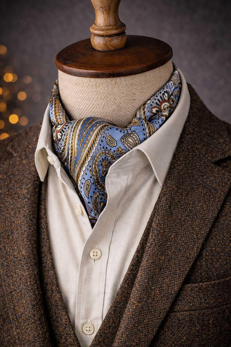 Şal Desen Açık Mavi İtalyan İpek Ascot Kravat SAC44