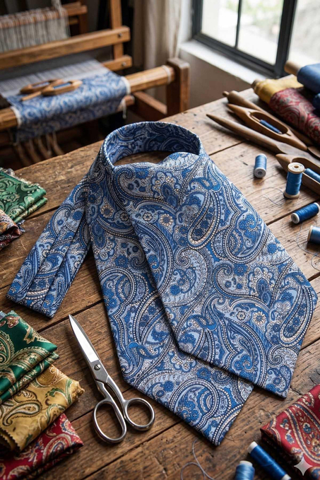 Şal Desen Açık Mavi İtalyan İpek Ascot Kravat SAC47