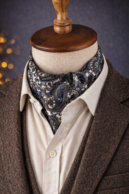 Şal Desen Beyaz - Çok Renkli İtalyan İpek Ascot Kravat SAC60