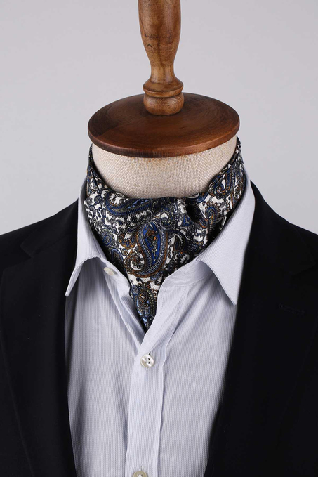 Şal Desen Beyaz - Çok Renkli İtalyan İpek Ascot Kravat SAC60