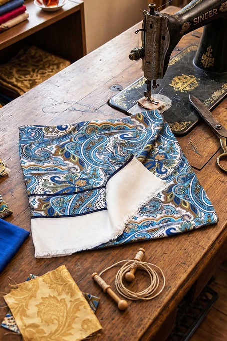 Şal Desen Beyaz - Mavi İtalyan İpek Ascot Kravat SAC08