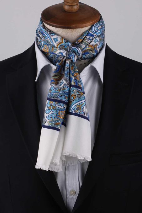 Şal Desen Beyaz - Mavi İtalyan İpek Ascot Kravat SAC08