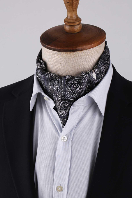 Şal Desen Füme - Beyaz İtalyan İpek Ascot Kravat SAC52