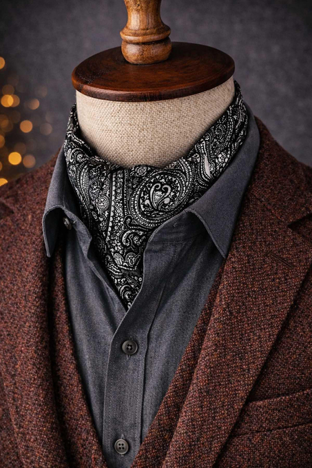 Şal Desen Füme - Beyaz İtalyan İpek Ascot Kravat SAC52
