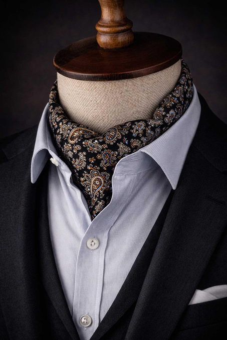 Şal Desen Siyah İtalyan İpek Ascot Kravat SAC13