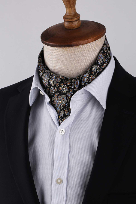 Şal Desen Siyah İtalyan İpek Ascot Kravat SAC13