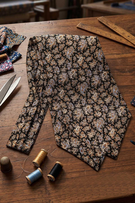 Şal Desen Siyah İtalyan İpek Ascot Kravat SAC13