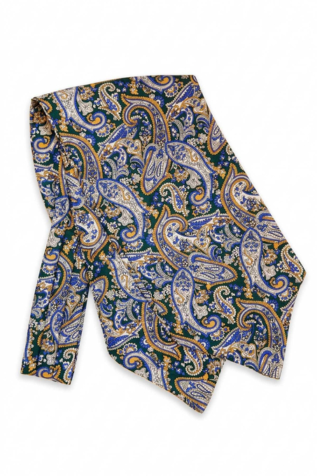 Şal Desen Yeşil - Sarı İtalyan İpek Ascot Kravat SAC31