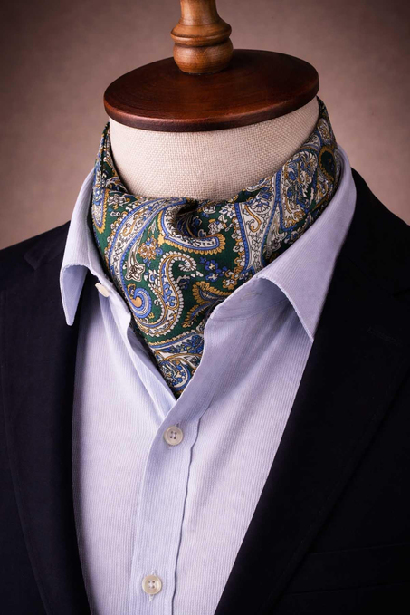 Şal Desen Yeşil - Sarı İtalyan İpek Ascot Kravat SAC31
