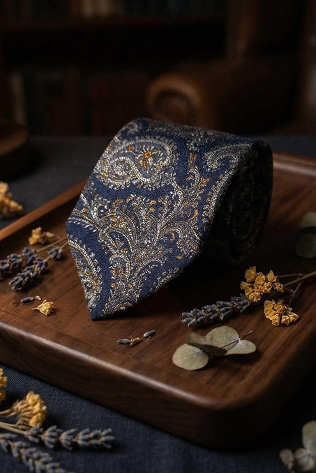Sanpaolo Style Şal Desen İtalyan Lacivert İpek Kravat İK2354
