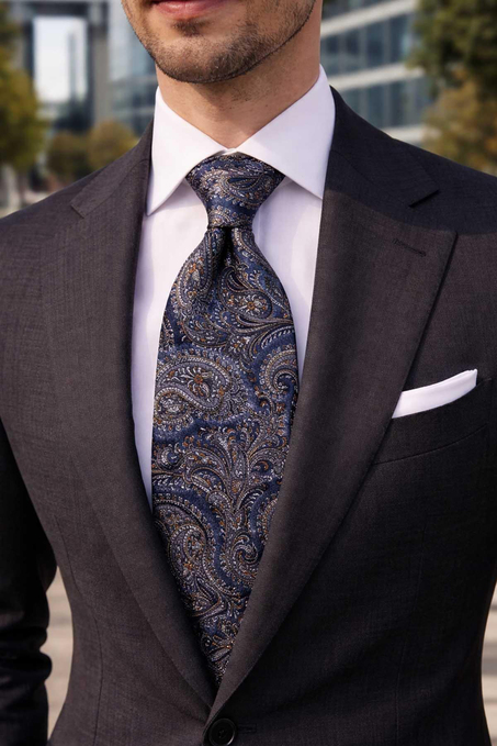 Sanpaolo Style Şal Desen İtalyan Lacivert İpek Kravat İK2354