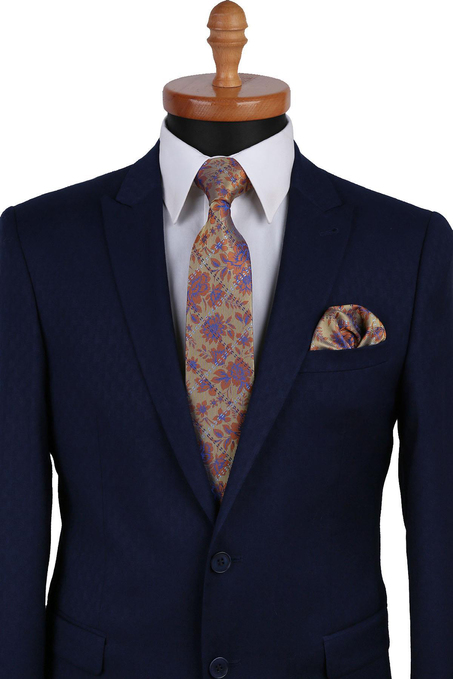 Sarı Çiçek Desen Mendilli Klasik Kravat KK9630