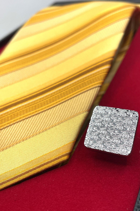 Sarı İtalyan İpek Kravat Çelik Kol Düğmesi Erkek Hediye Seti SKS44