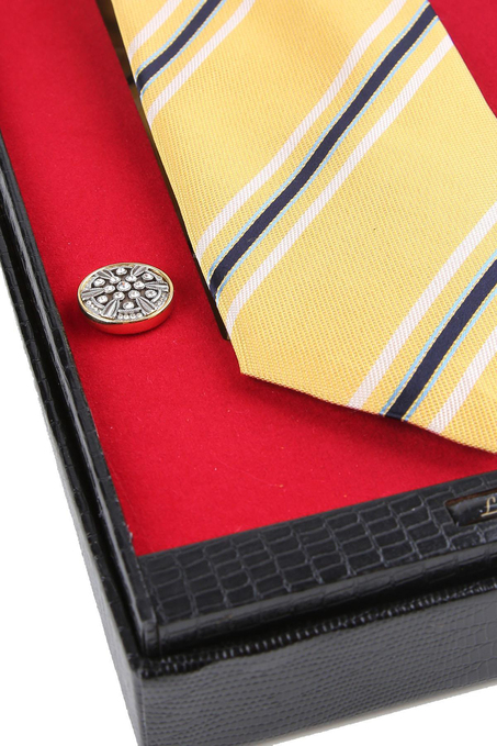 Sarı İtalyan İpek Kravat Mendil Kol Düğmesi Sevgililer Günü Hediyesi SKS72