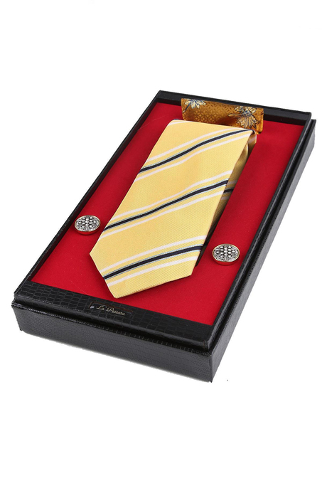 Sarı İtalyan İpek Kravat Mendil Kol Düğmesi Sevgililer Günü Hediyesi SKS72