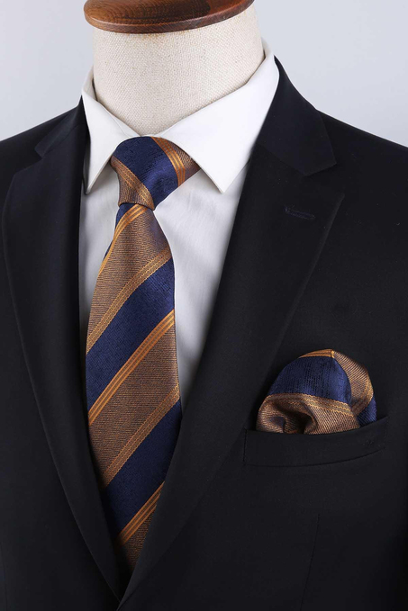 Sarı - Lacivert Çizgi Desen Mendilli Klasik Kravat KK13145
