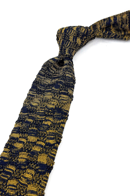 Sarı - Lacivert Motif Desen Örgü Kravat ÖR8361