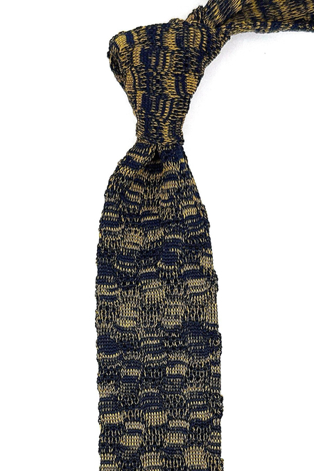Sarı - Lacivert Motif Desen Örgü Kravat ÖR8361