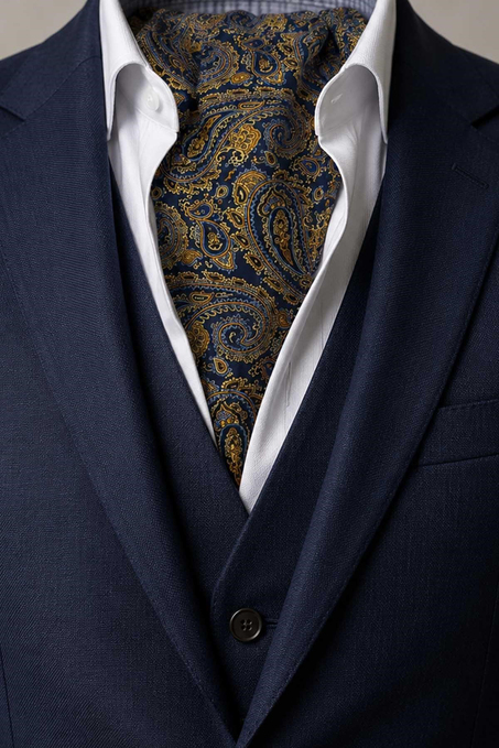 Sarı Lacivert Şal Desen İtalyan İpek Ascot Kravat SAC93