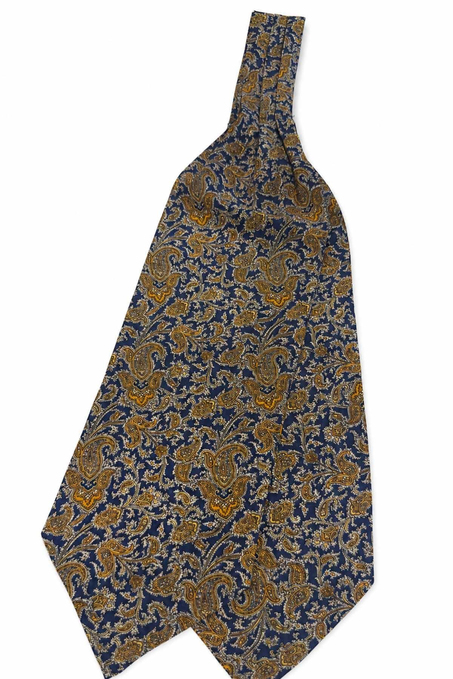 Sarı Lacivert Şal Desen İtalyan İpek Ascot Kravat SAC119