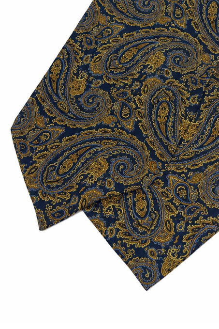 Sarı Lacivert Şal Desen İtalyan İpek Ascot Kravat SAC93