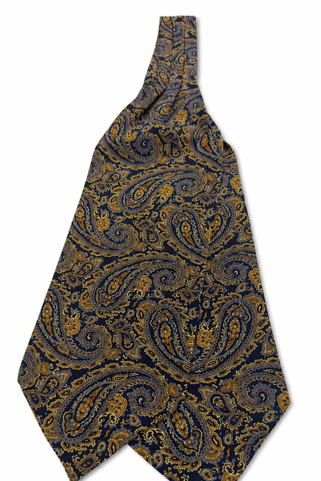 Sarı Lacivert Şal Desen İtalyan İpek Ascot Kravat SAC93