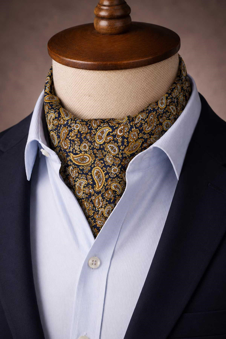 Sarı Lacivert Şal Desen İtalyan İpek Ascot Kravat SAC106