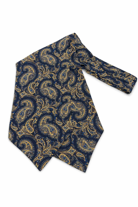 Sarı Lacivert Şal Desen İtalyan İpek Ascot Kravat SAC74