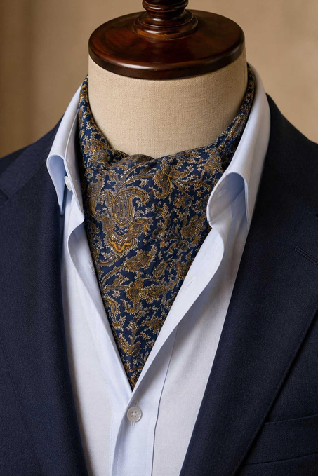 Sarı Lacivert Şal Desen İtalyan İpek Ascot Kravat SAC119