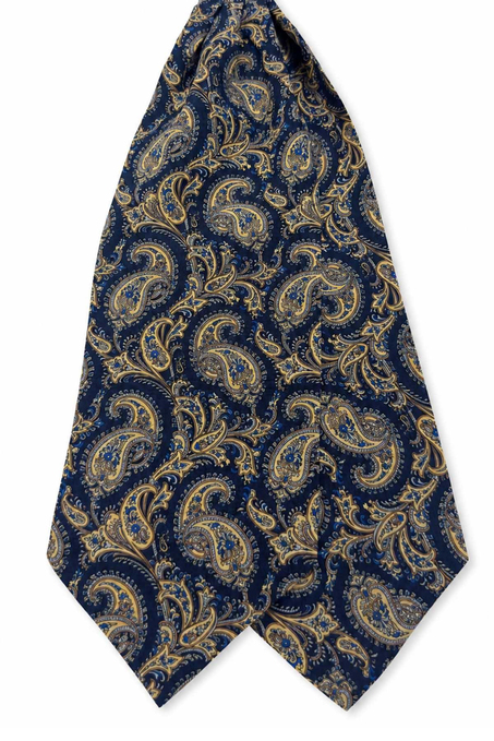 Sarı Lacivert Şal Desen İtalyan İpek Ascot Kravat SAC74