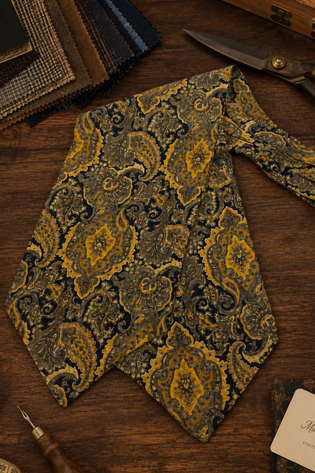 Sarı Lacivert Şal Desen İtalyan İpek Ascot Kravat SAC87