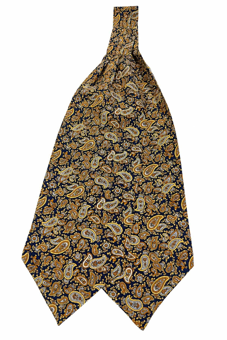 Sarı Lacivert Şal Desen İtalyan İpek Ascot Kravat SAC106