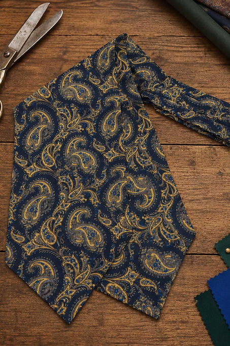 Sarı Lacivert Şal Desen İtalyan İpek Ascot Kravat SAC74
