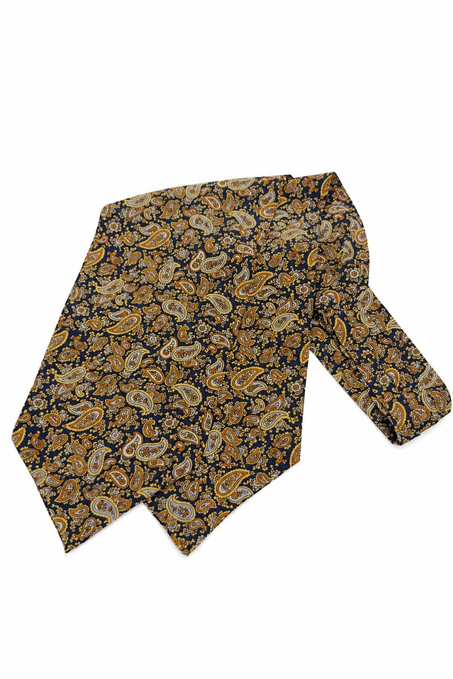 Sarı Lacivert Şal Desen İtalyan İpek Ascot Kravat SAC106