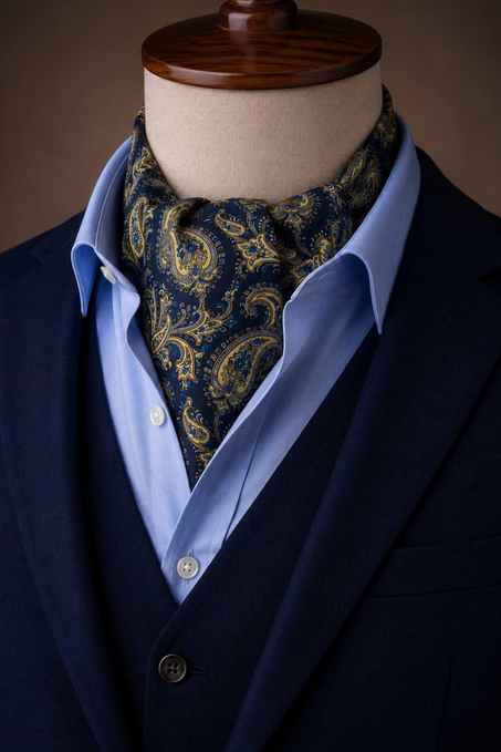 Sarı Lacivert Şal Desen İtalyan İpek Ascot Kravat SAC74
