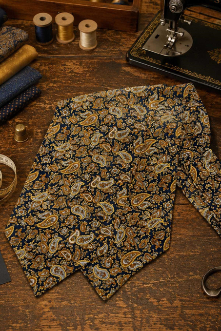 Sarı Lacivert Şal Desen İtalyan İpek Ascot Kravat SAC106