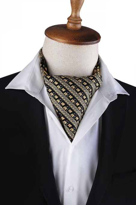 Sarı - Siyah Motif Desen Erkek Ascot Fular K645