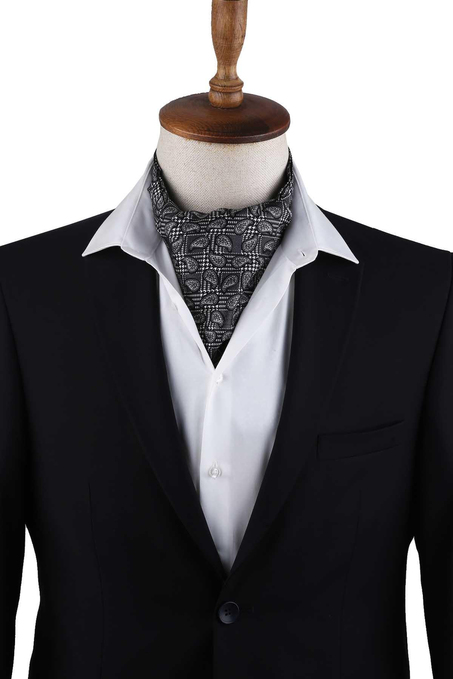 Siyah - Beyaz Şal Desen İtalyan İpek Erkek Ascot K621