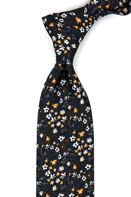 Siyah Çiçek Desen Mendilli Klasik Kravat KK11946