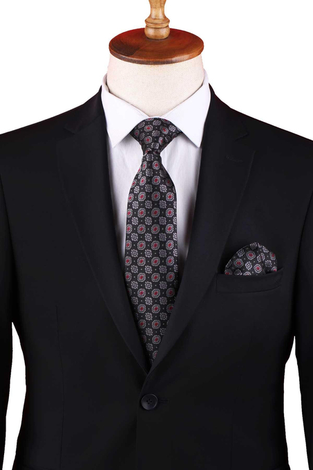 Siyah Çiçek Desen Mendilli Klasik Kravat KK13131