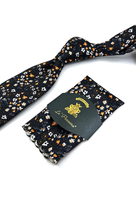 Siyah Çiçek Desen Mendilli Klasik Kravat KK11946
